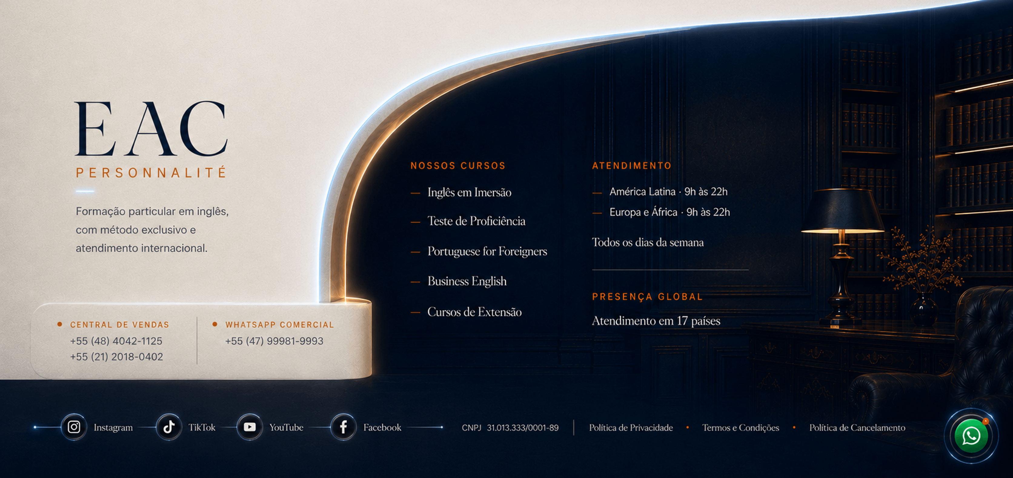 Rodape EAC Personnalite com cursos, atendimento, presenca global, contatos e redes sociais.